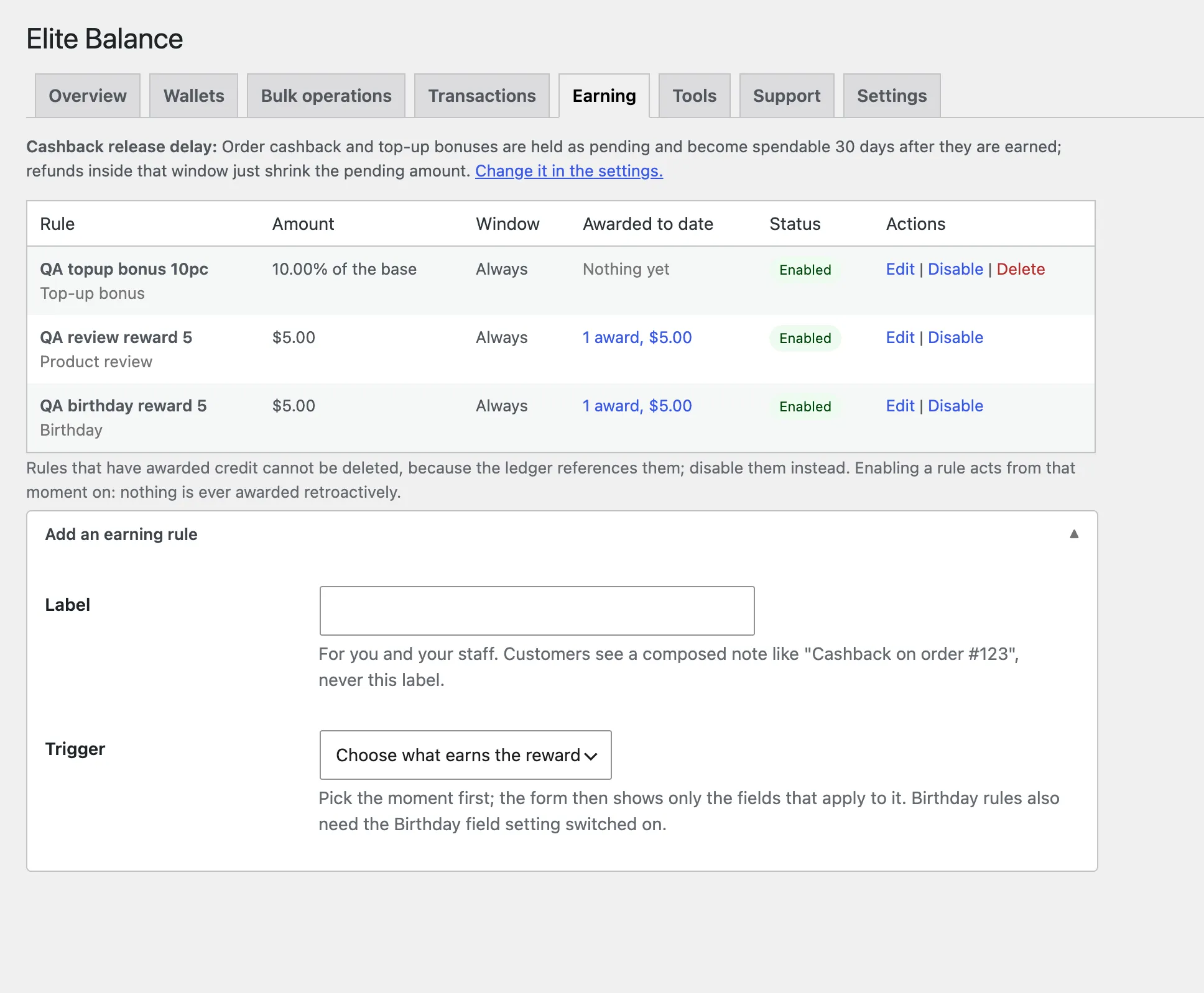 The Earning tab: rules with their triggers, amounts, statuses, and awarded-to-date counters