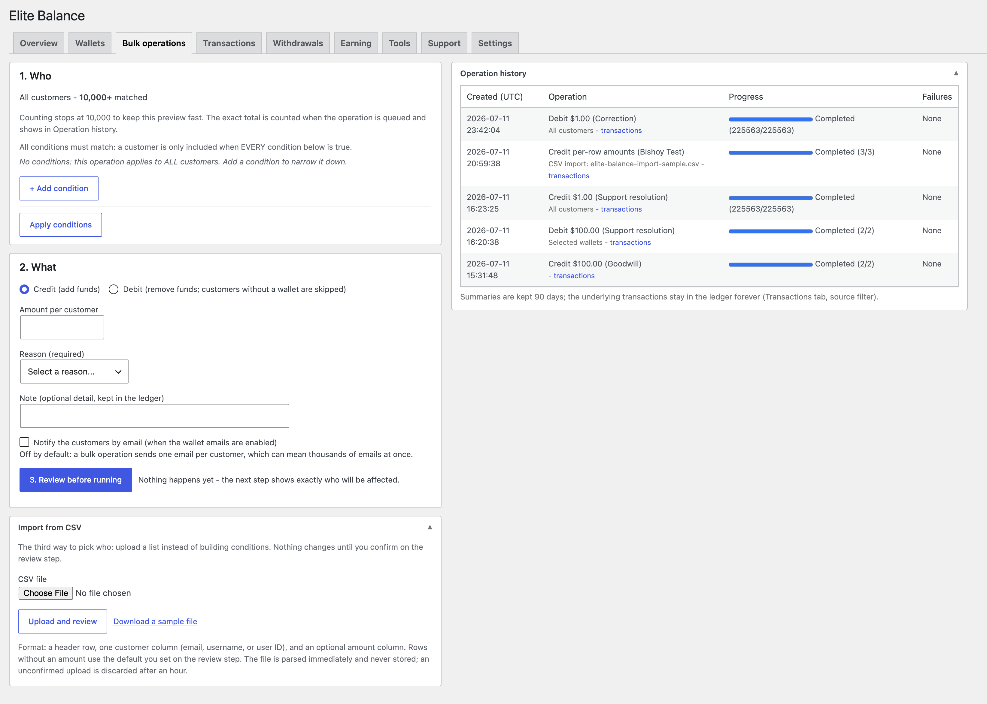 Bulk operations: audiences, CSV import, and the operation history