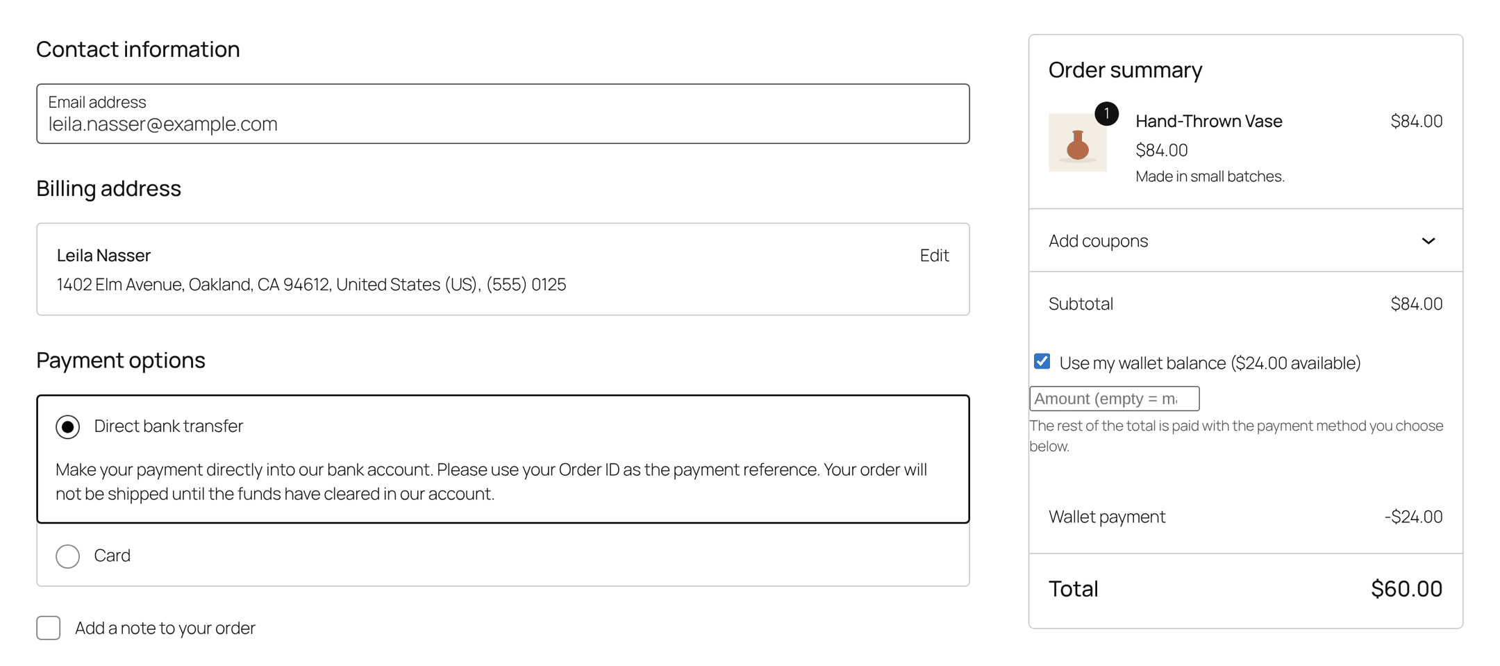 Block checkout with Use my wallet balance ticked: $24 from the wallet, and the other $60 paid with another payment method.