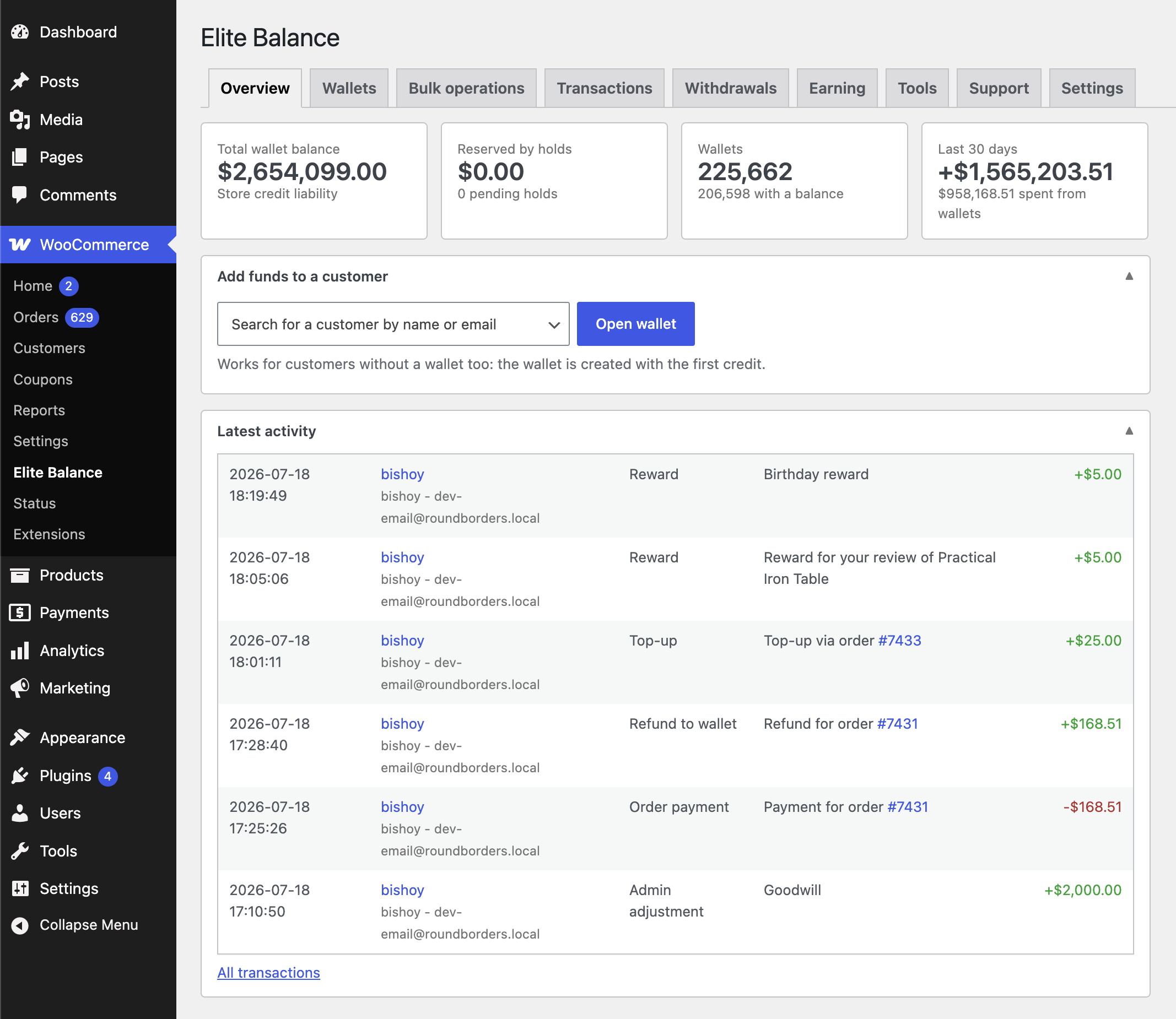 The Elite Balance Overview inside WooCommerce: liability, reserved holds, wallets, and the live ledger.