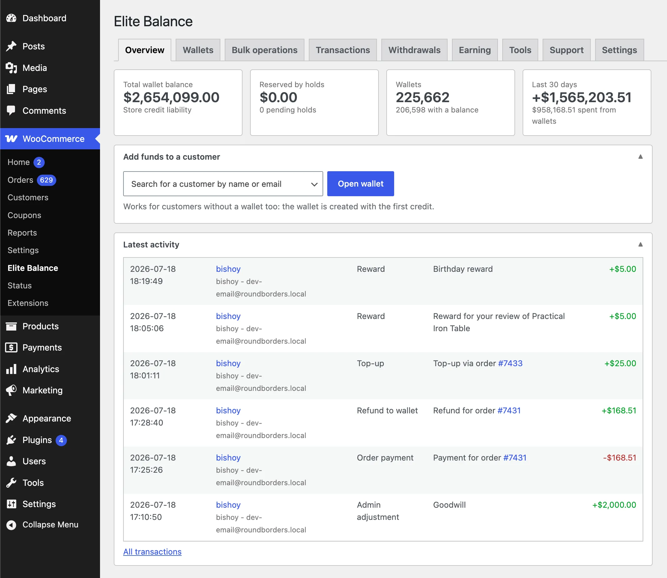 The Elite Balance Overview: store credit liability, reserved holds, wallet counts, and the latest ledger activity