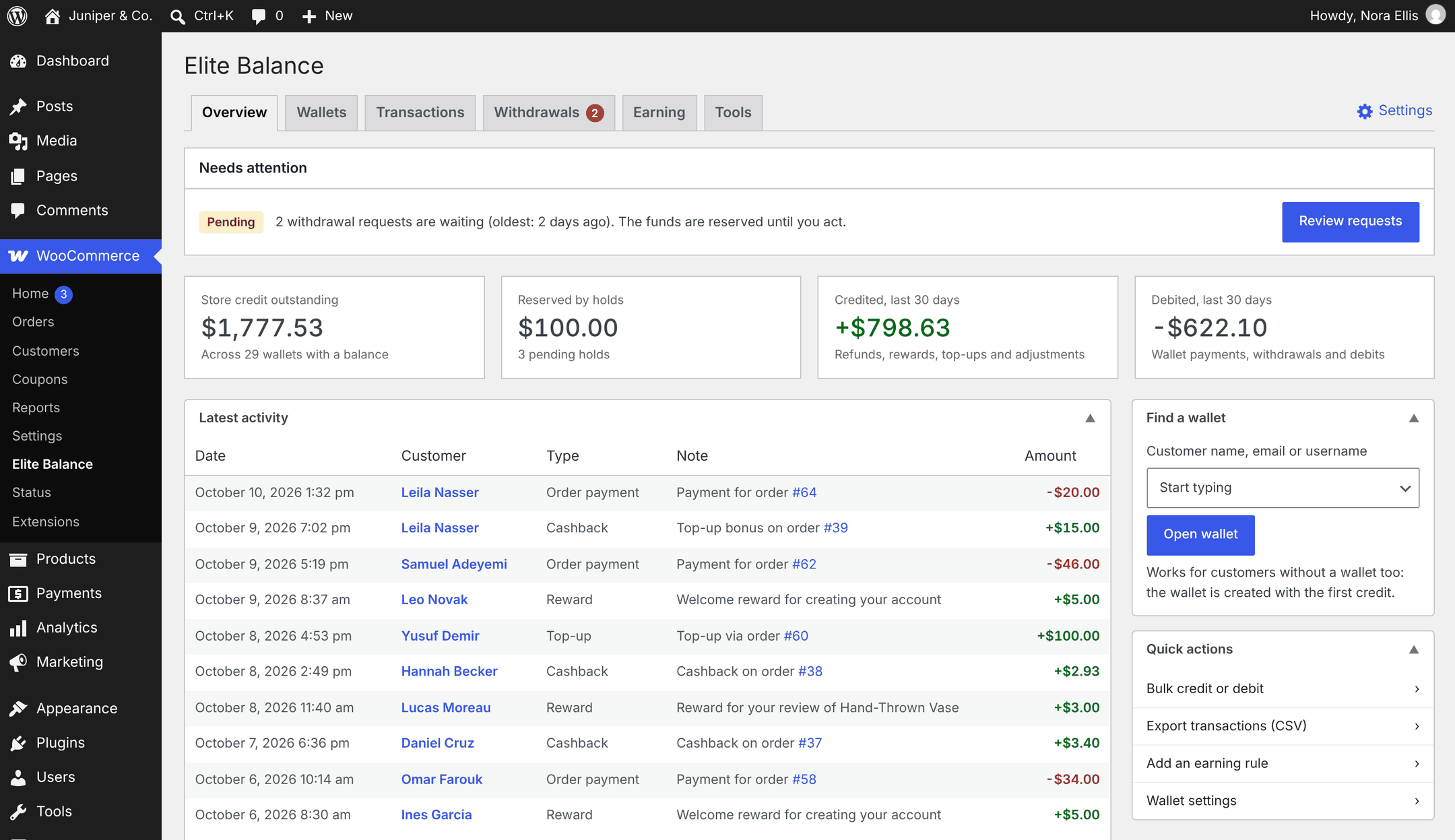 The Elite Balance Overview: needs attention, store credit outstanding, holds, credited and debited in the last 30 days, and the latest activity.