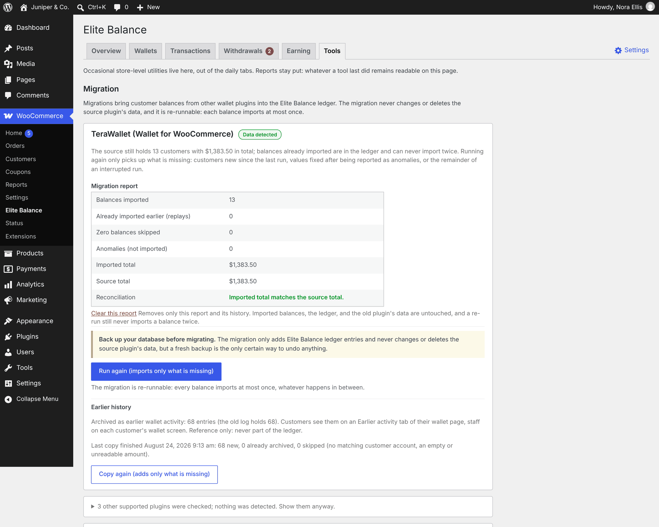The Tools tab: the migration from TeraWallet with its reconciliation report and the earlier history copy.
