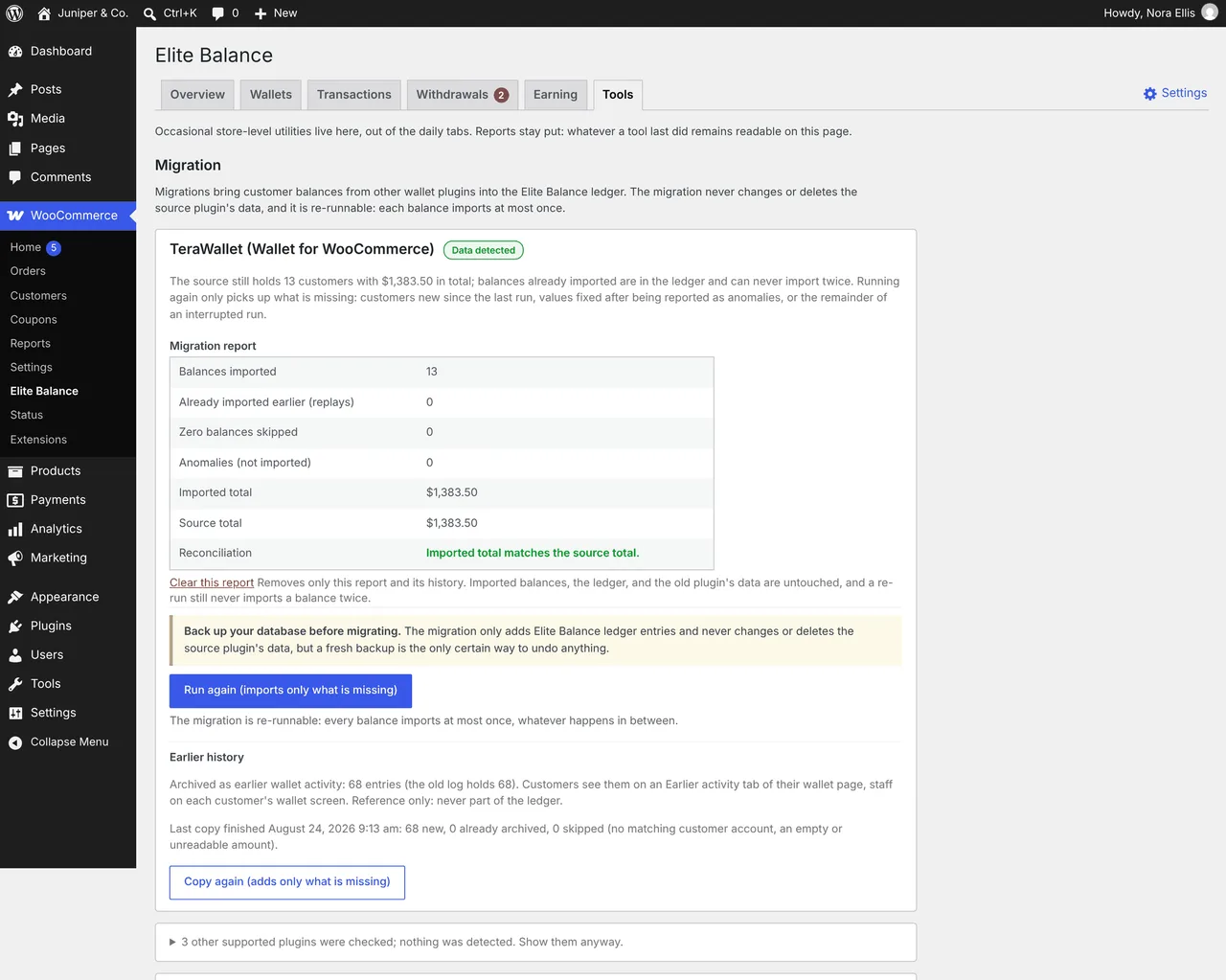 The Elite Balance Tools tab with TeraWallet detected and its migration report: 13 balances imported, and the imported total matches the source total.