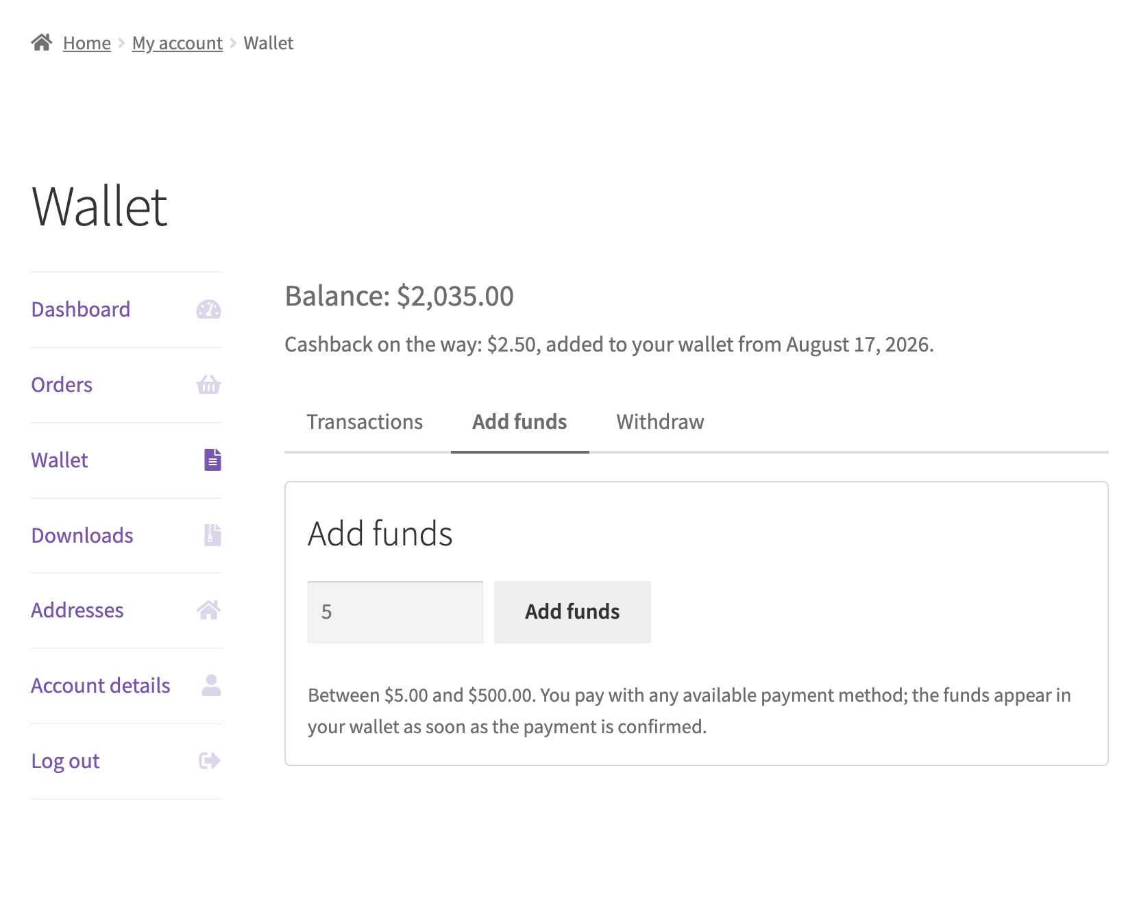My Account: adding funds, with pending cashback announced up top