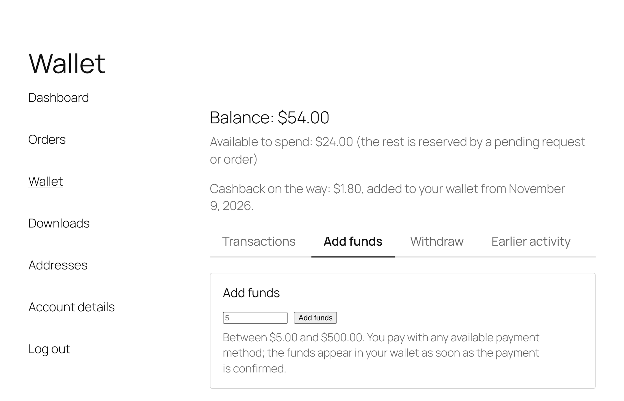 My Account: adding funds through any payment method
