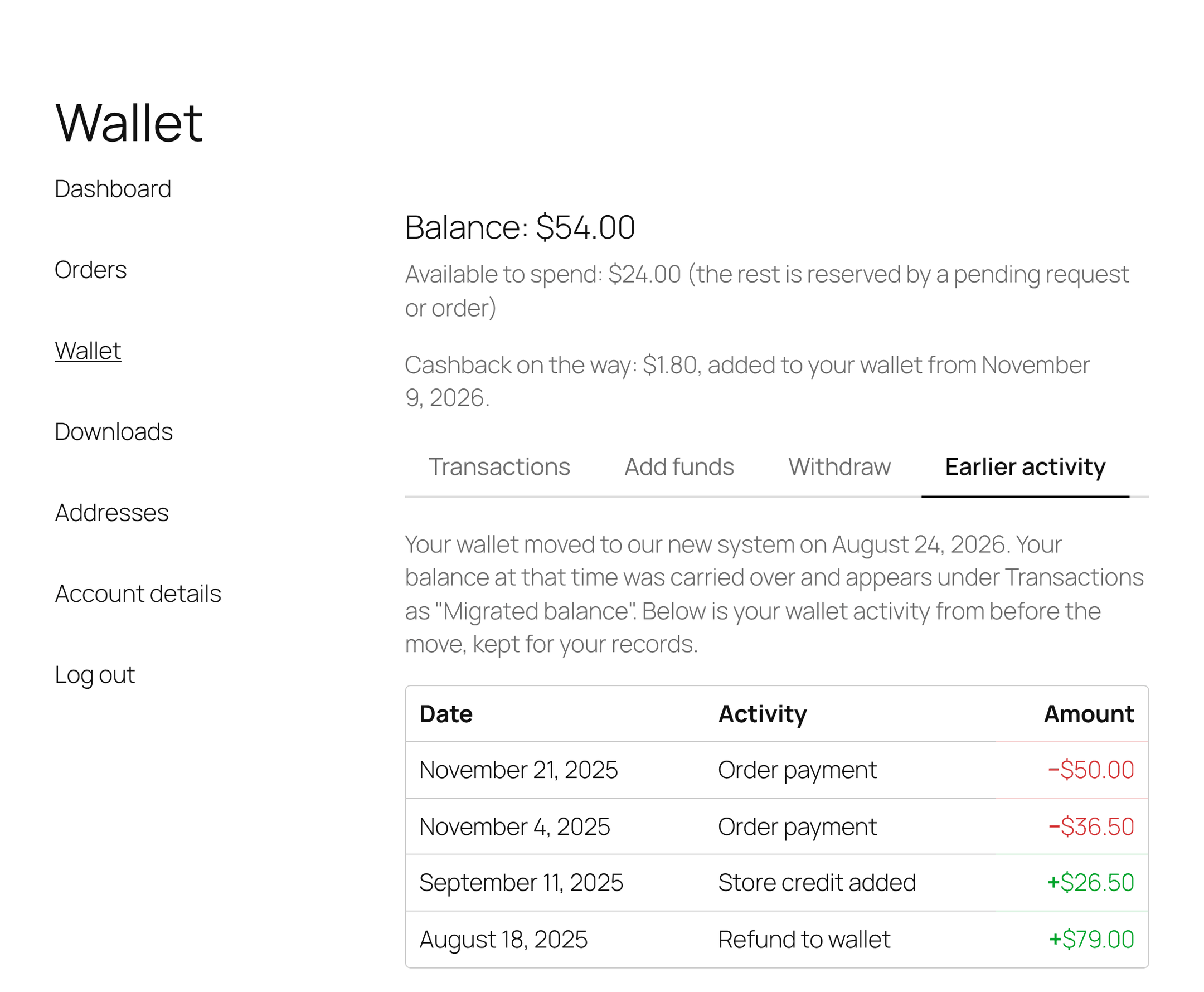 My Account: earlier activity from the old wallet plugin, read only