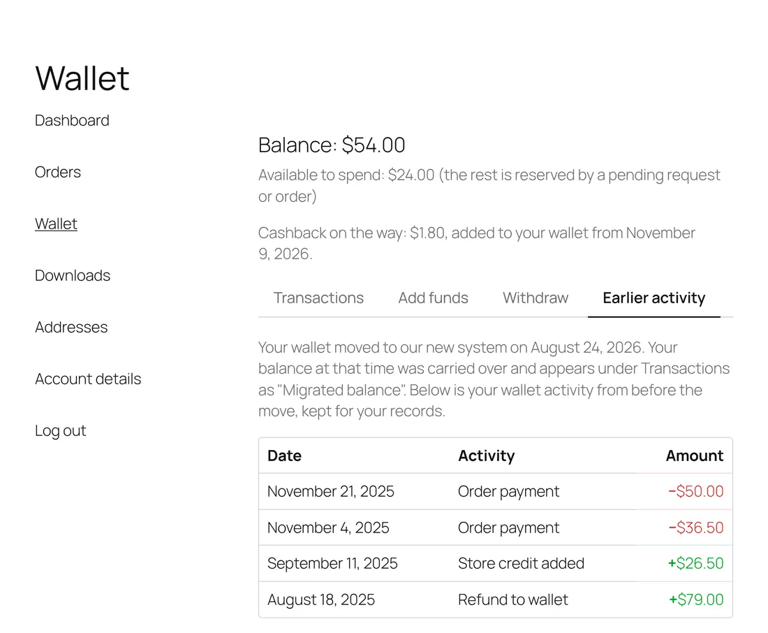 A customer's My Account wallet page with the Earlier activity tab open, listing entries copied from the old wallet plugin.