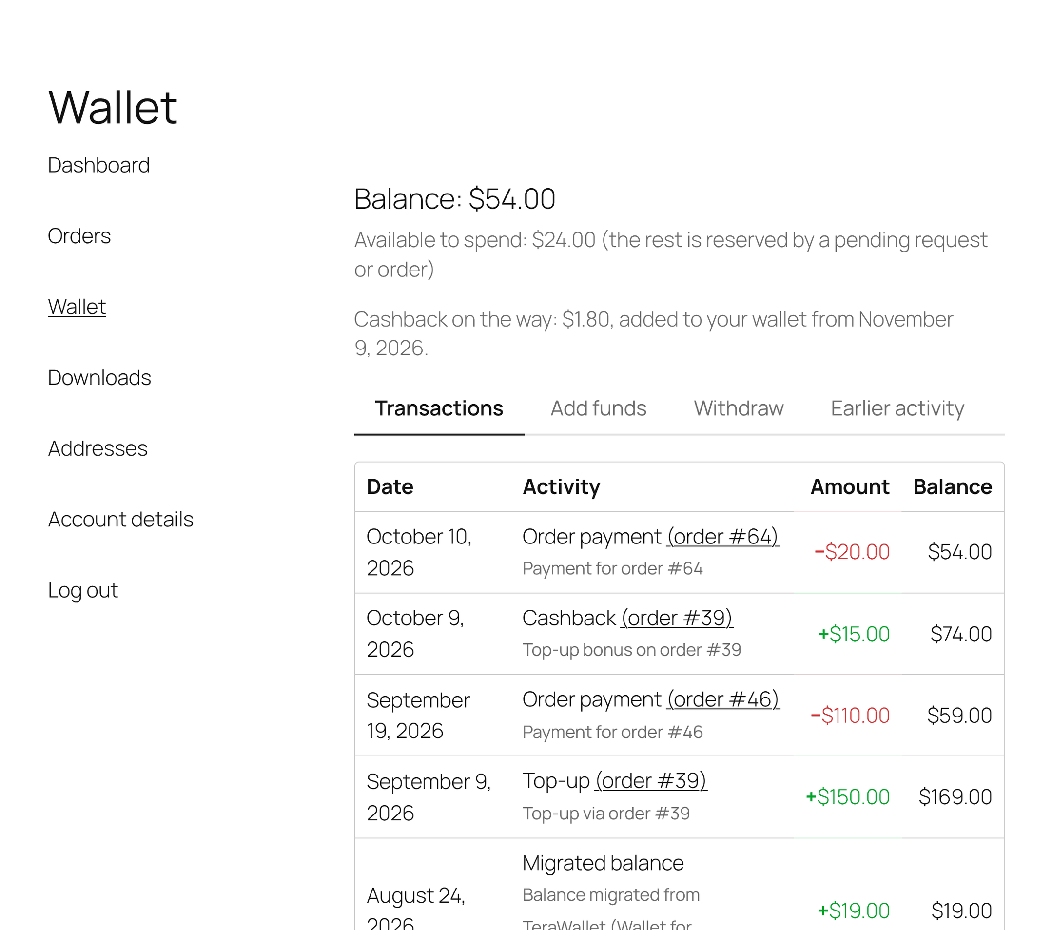 My Account: the wallet history, with cashback on the way announced up top