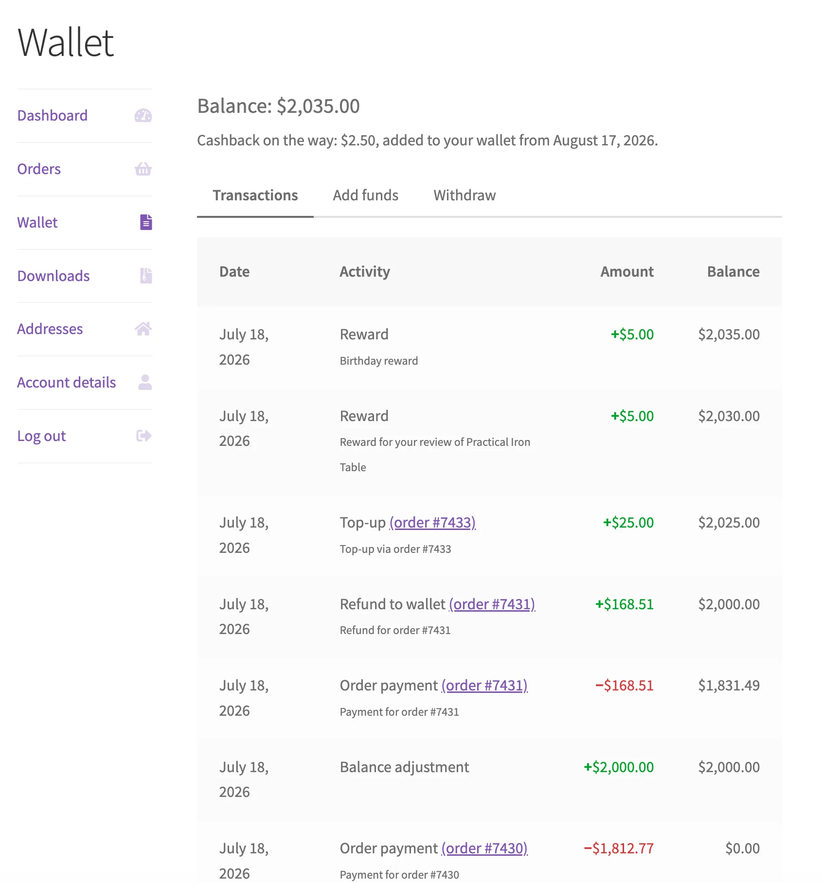The customer wallet page: balance up top, then the transaction history in customer-friendly language