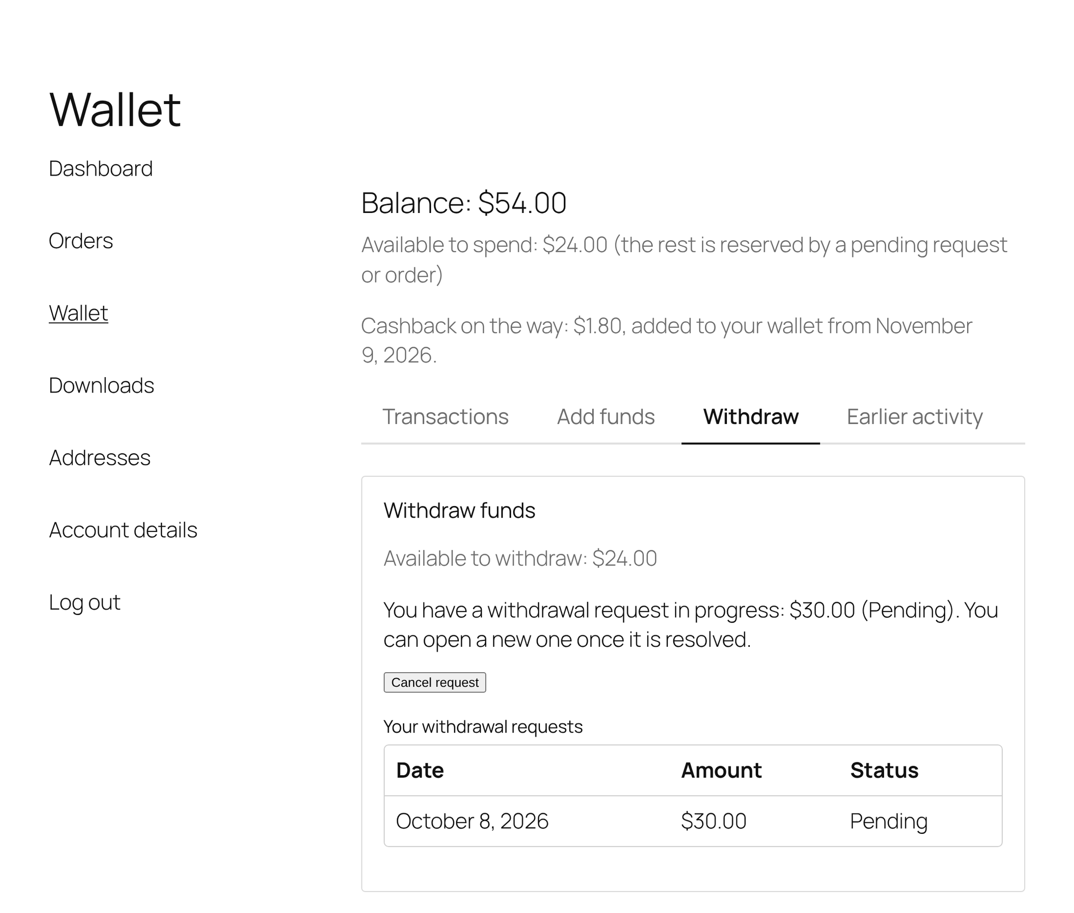 My Account: requesting a withdrawal and following its status