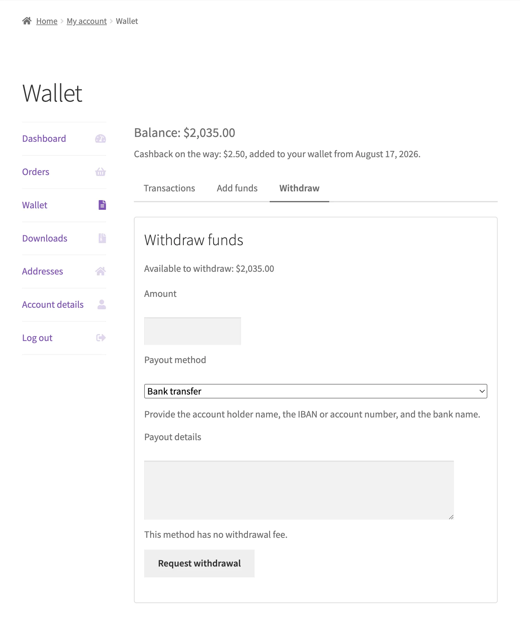 The Withdraw tab: available amount, payout method with fee, and the details field