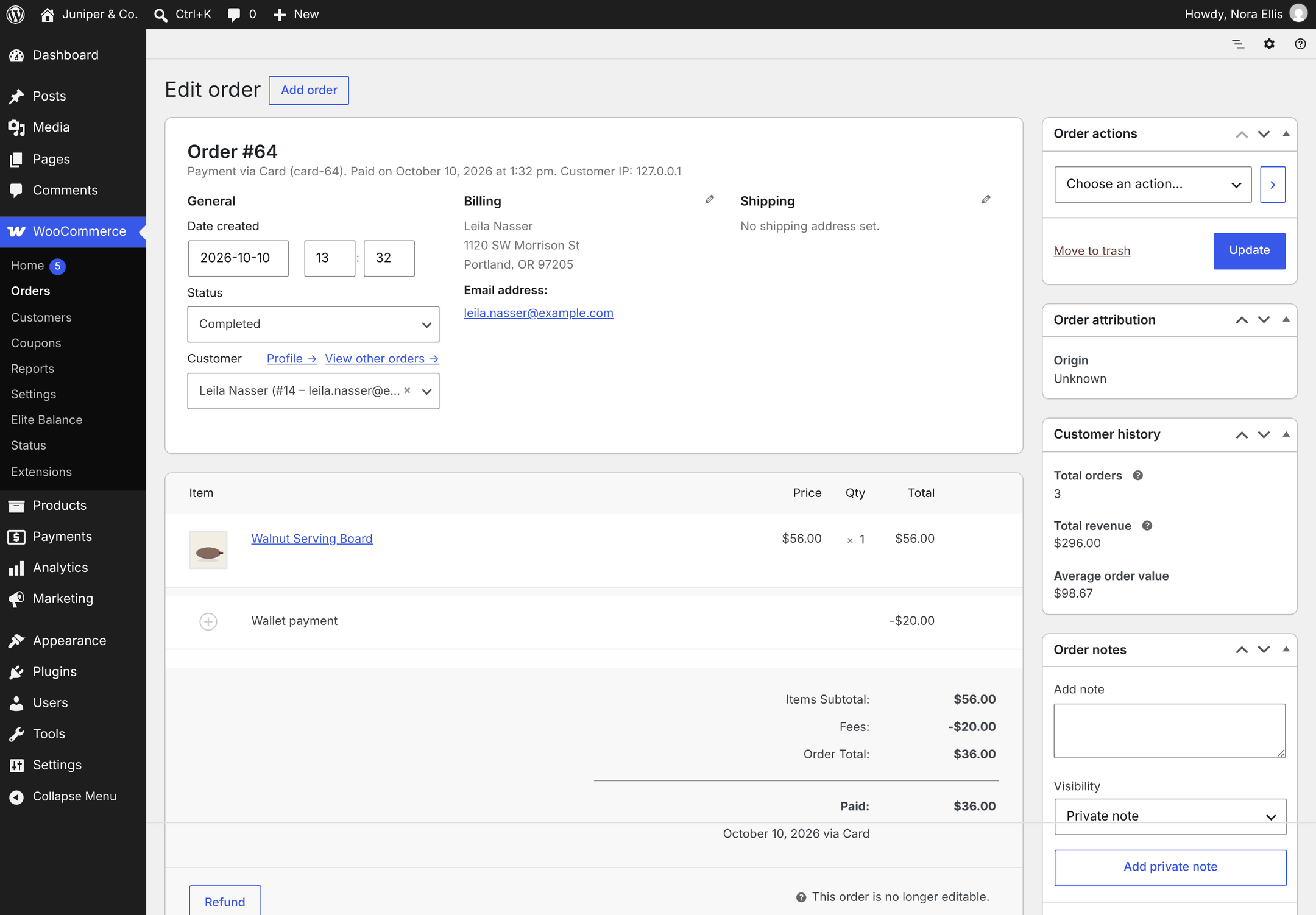 An order paid partly from the wallet, with the capture and pending cashback in the notes