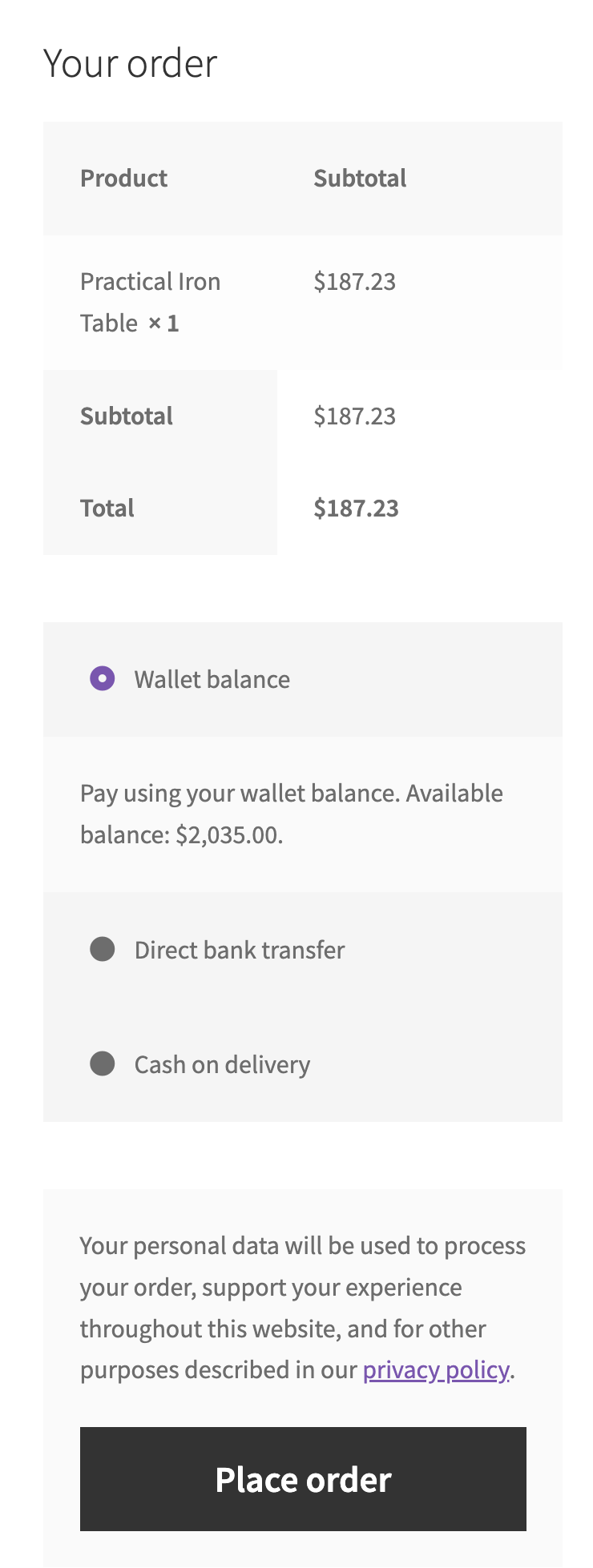Checkout with the wallet as a payment method