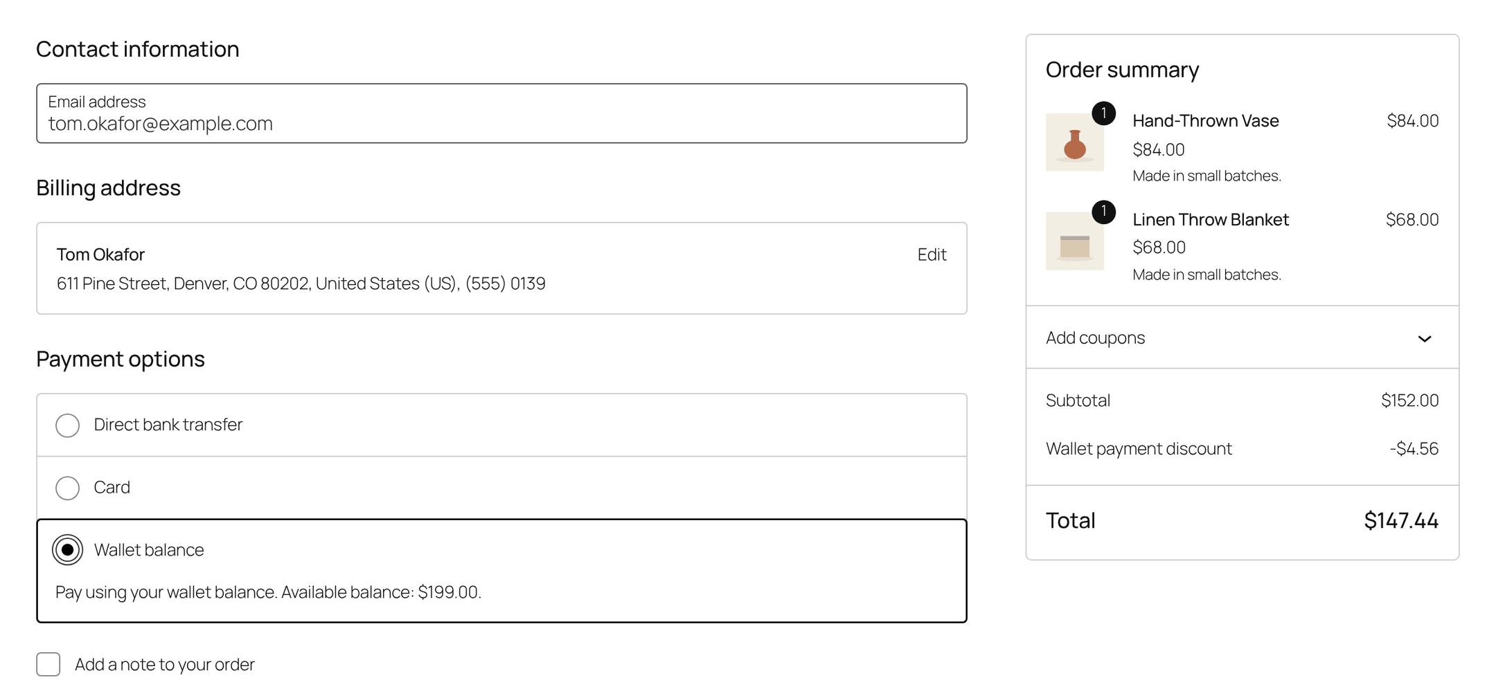 Block checkout with the wallet selected as the payment method.