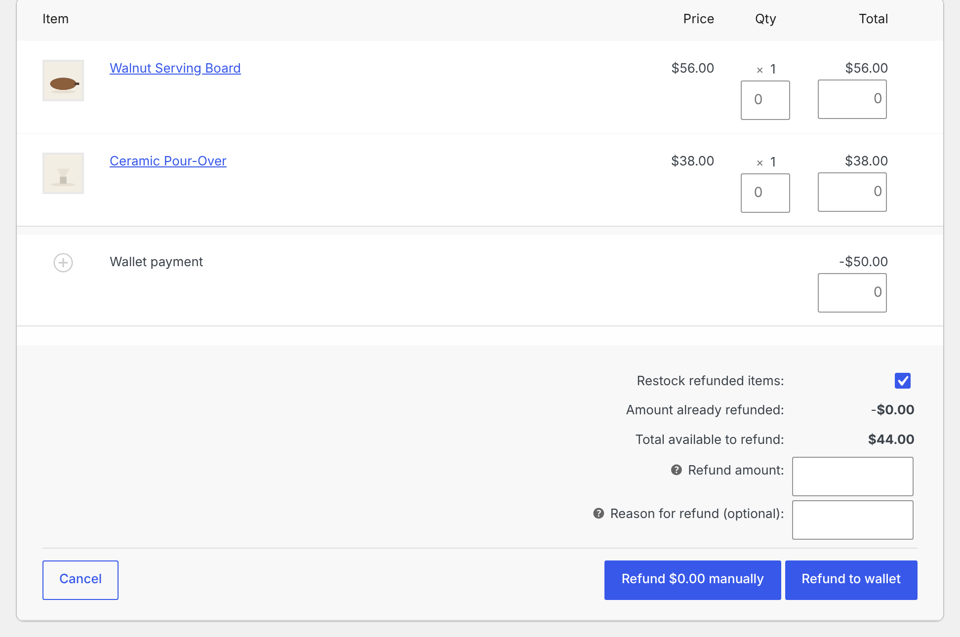 The WooCommerce refund panel with a Refund to wallet button beside Refund manually.