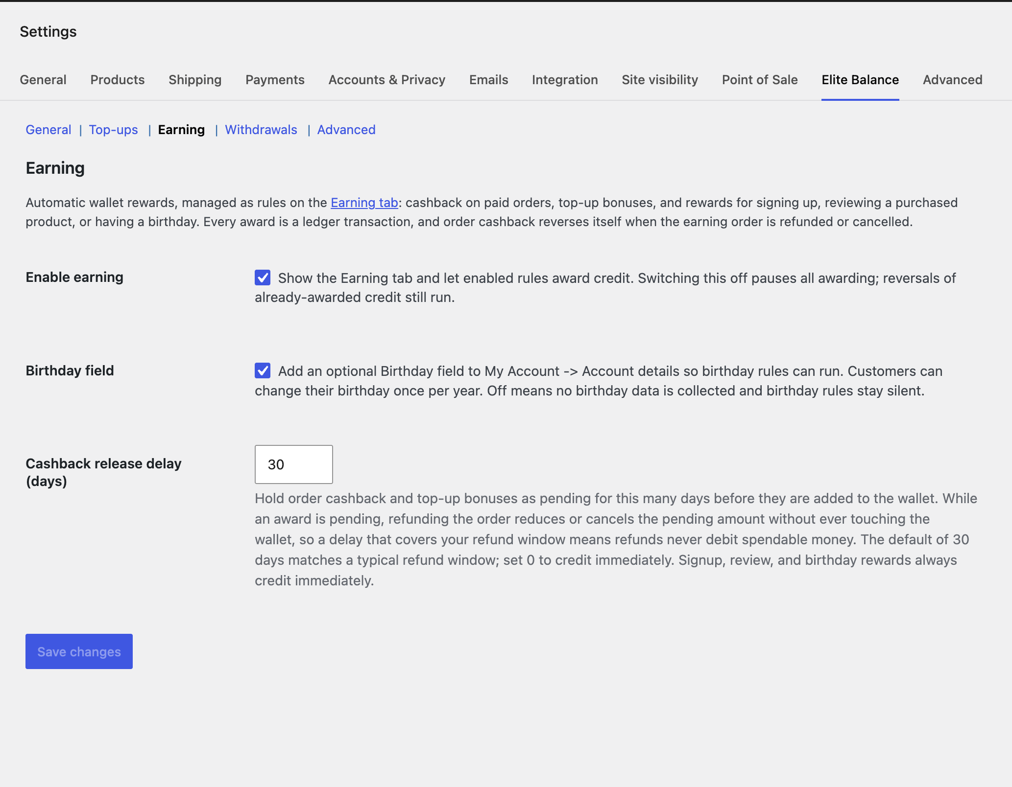 Settings: Earning, including the cashback release delay