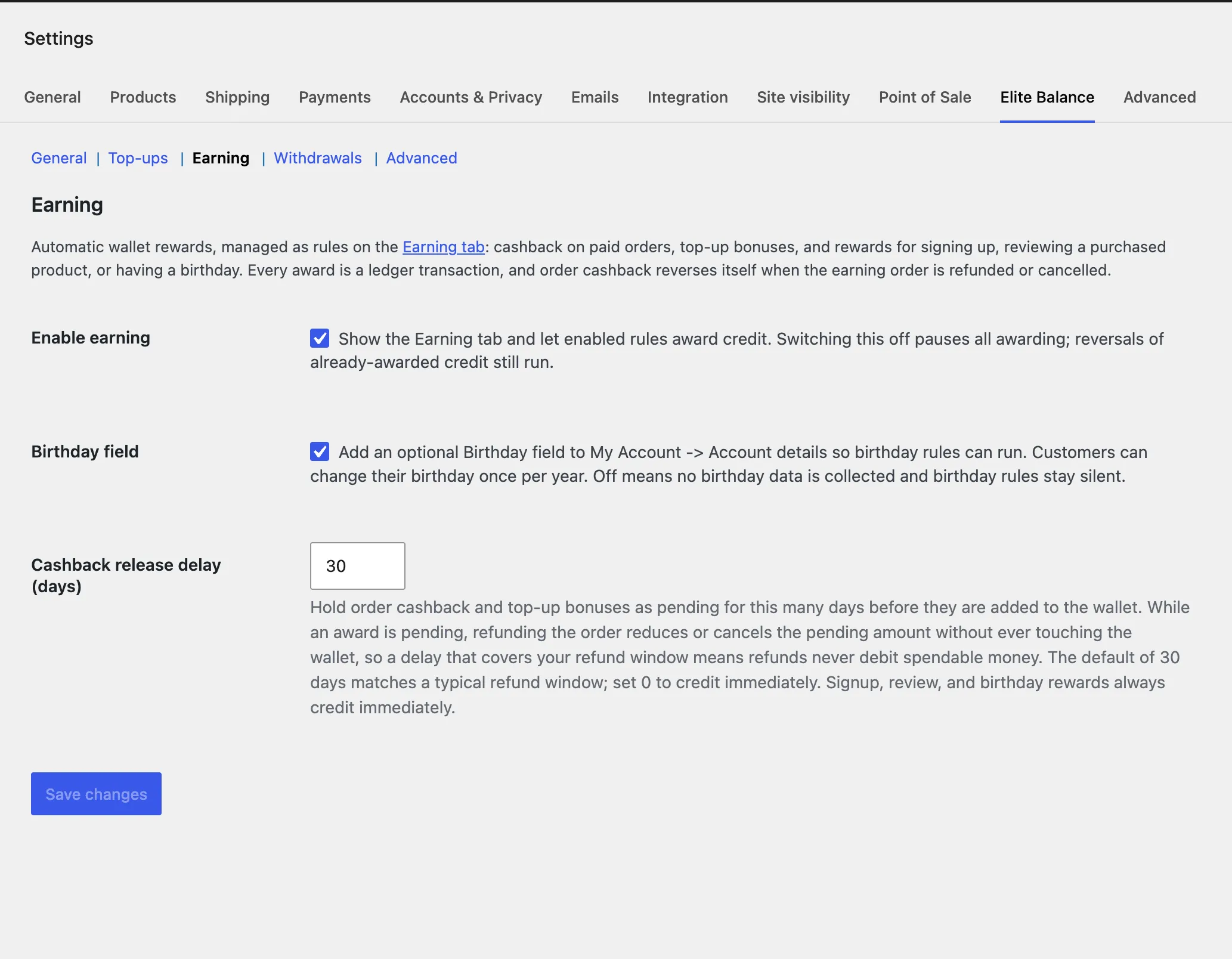 The Earning section: the module switch, the birthday field, and the cashback release delay