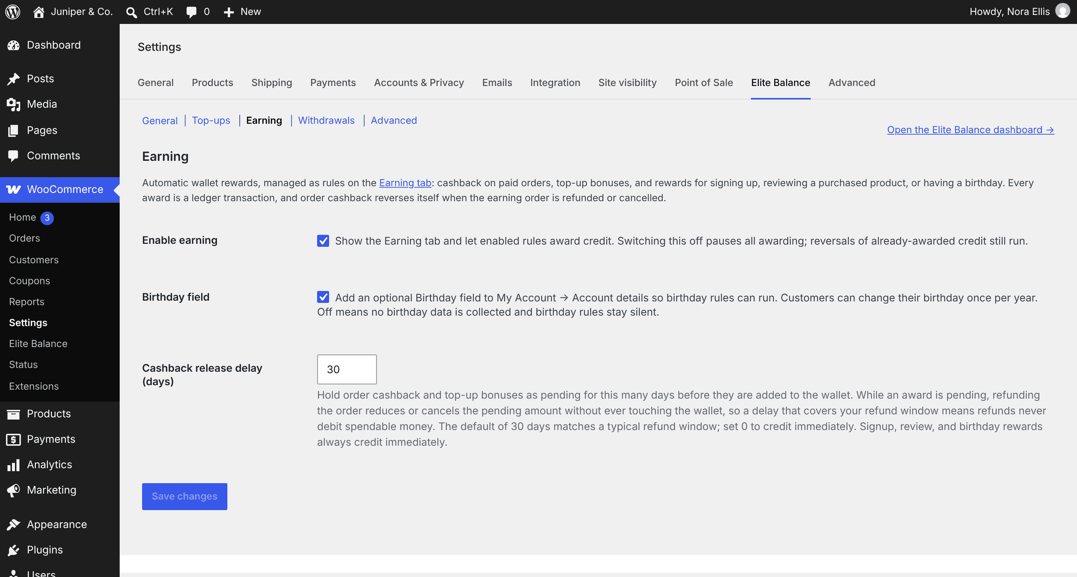 Settings: Earning, including the cashback release delay