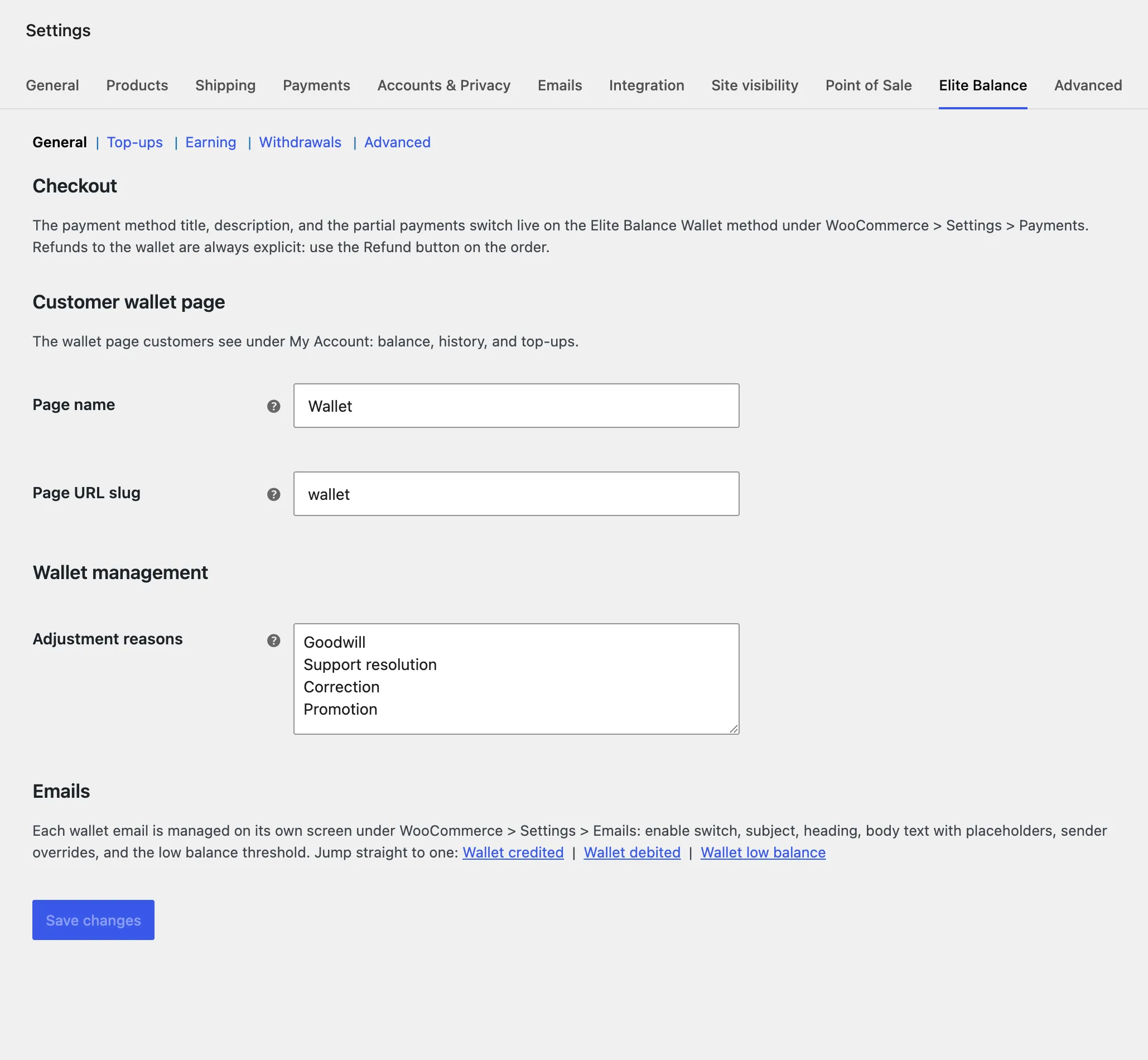 The General section: wallet page naming and adjustment reasons