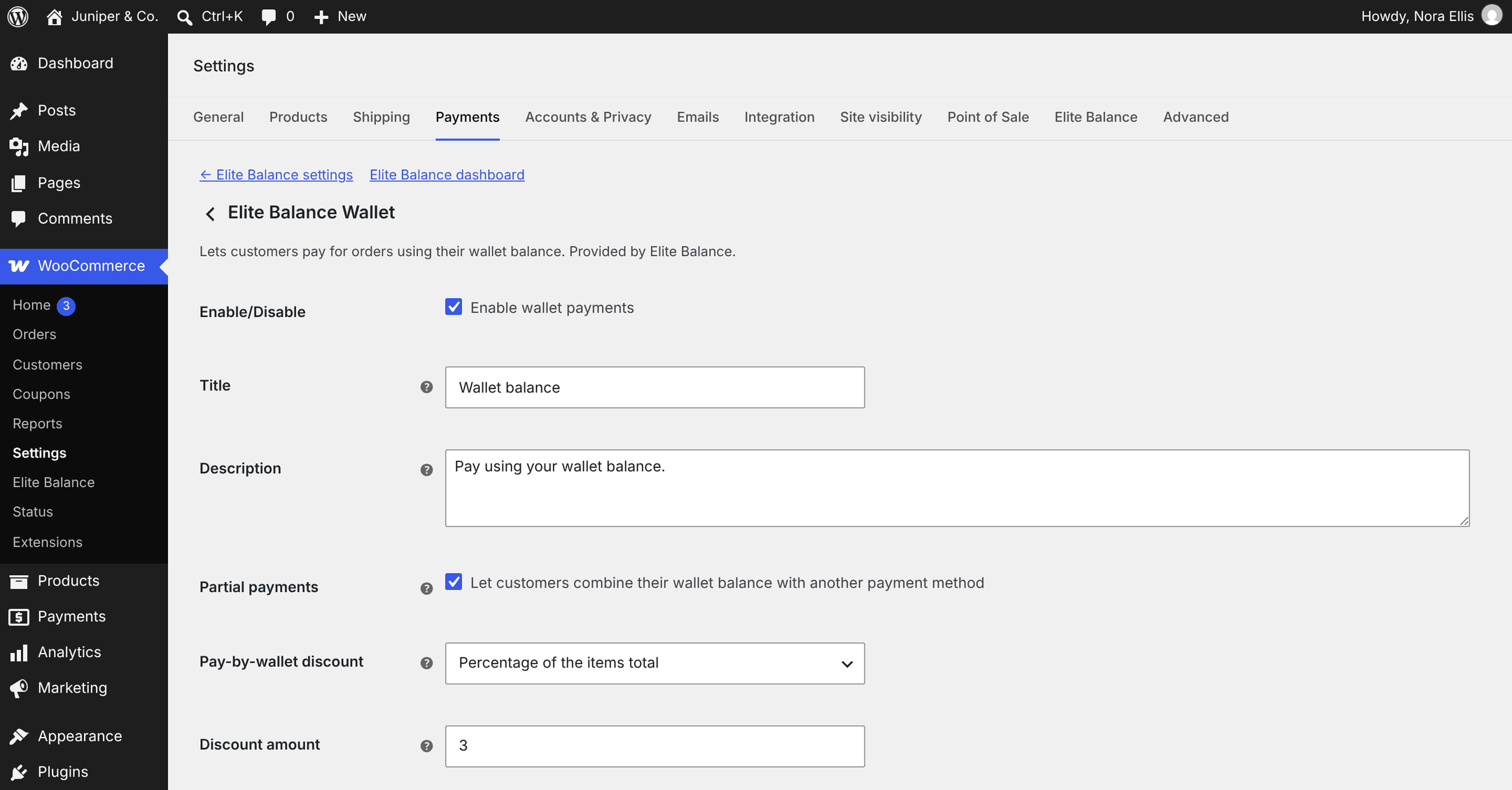Settings: the wallet payment method, partial payments, and the discount