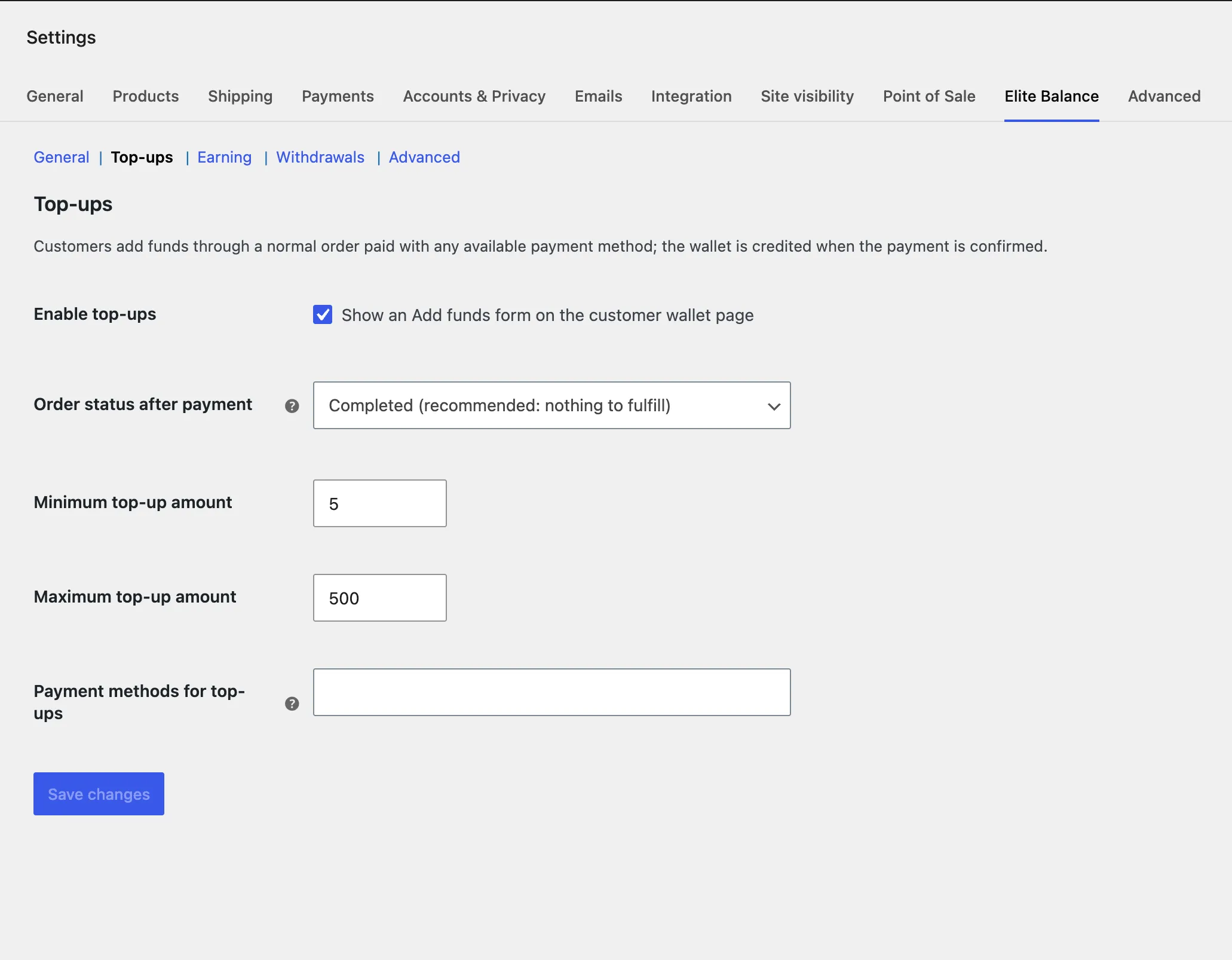 The Top-ups section: master switch, limits, allowed gateways, and the paid order status