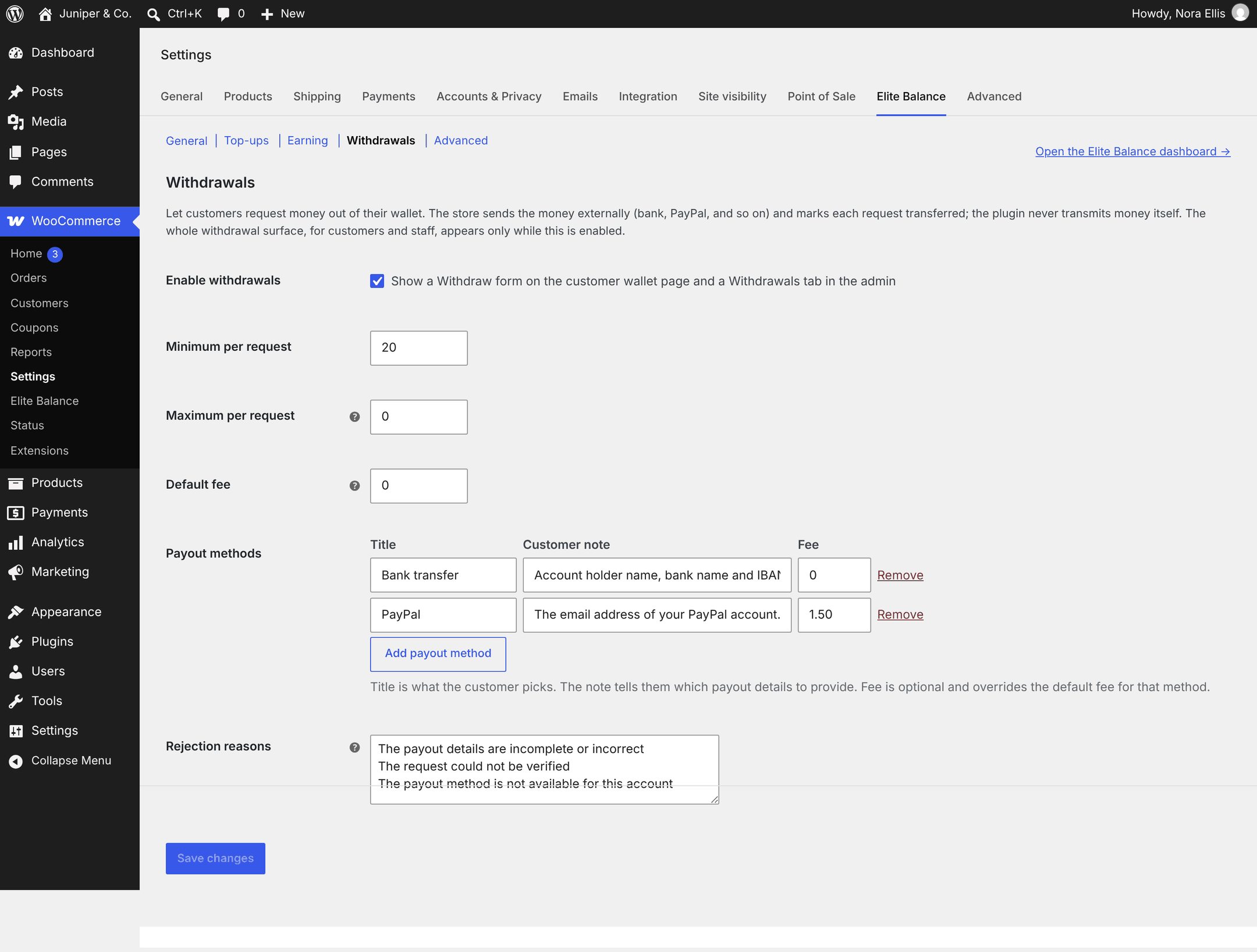 Settings: Withdrawals, payout methods, and rejection reasons