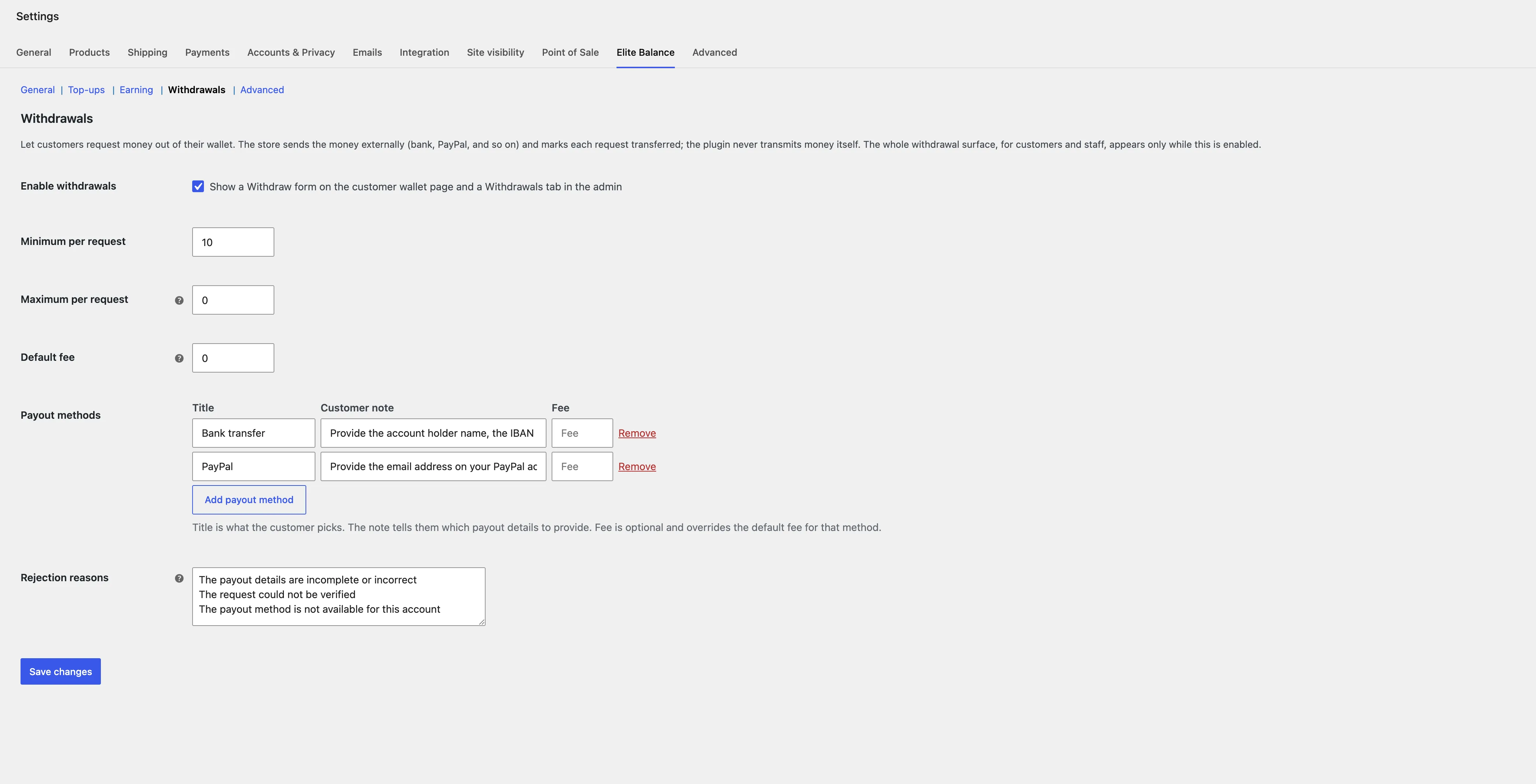 The Withdrawals section: limits, fees, and the payout methods editor