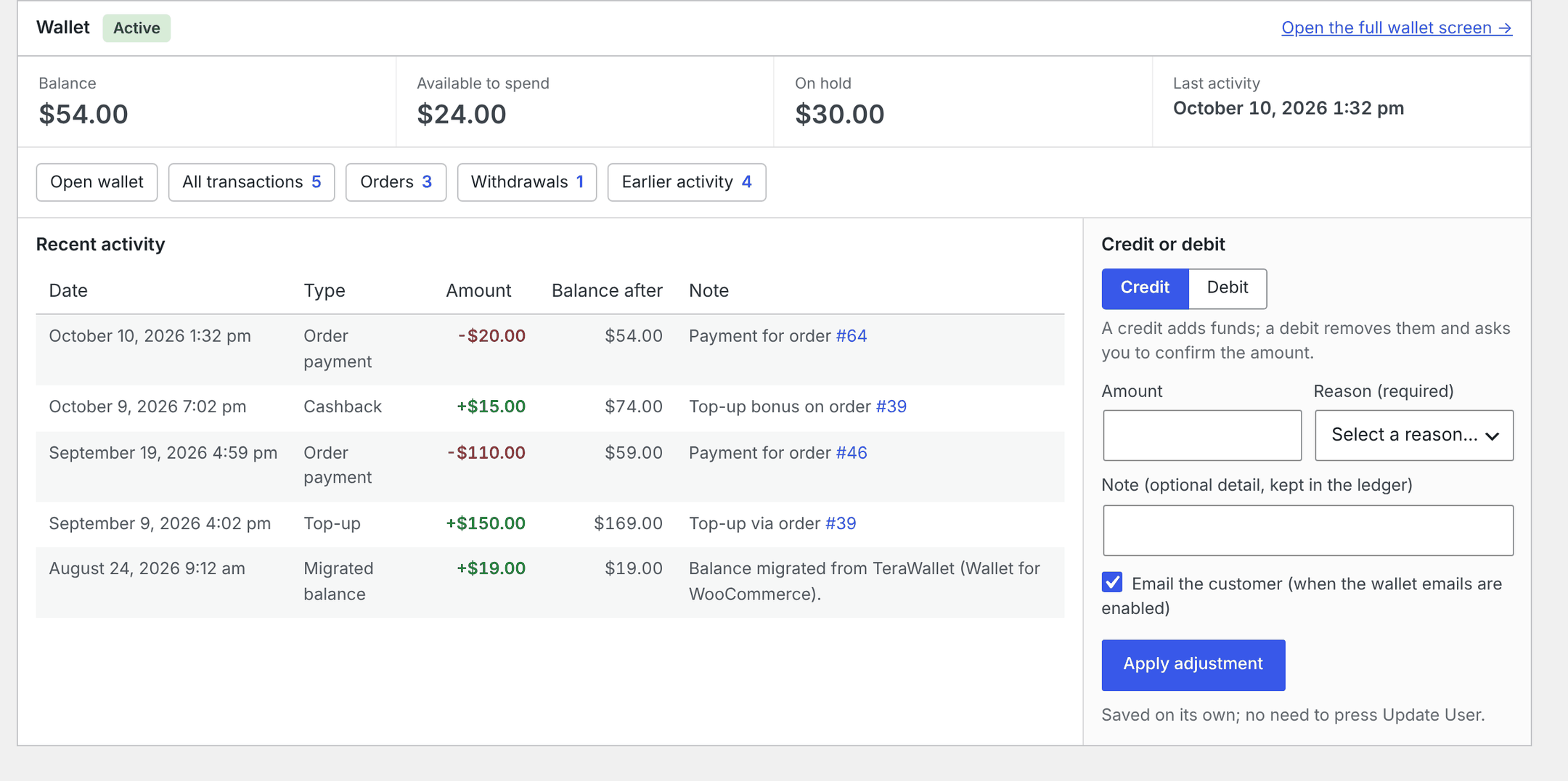 The Wallet card on the customer's user profile