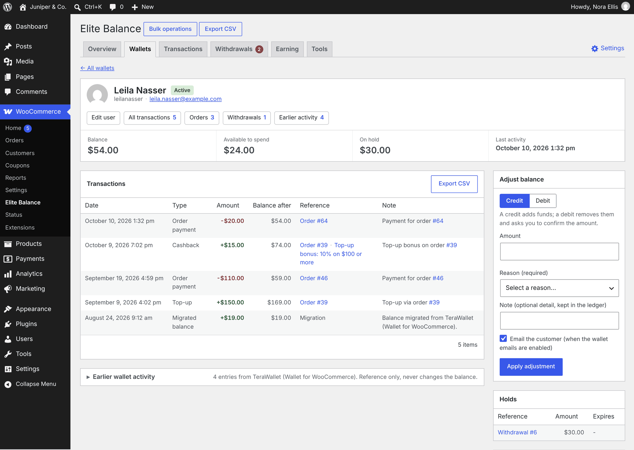 A customer's wallet screen.
