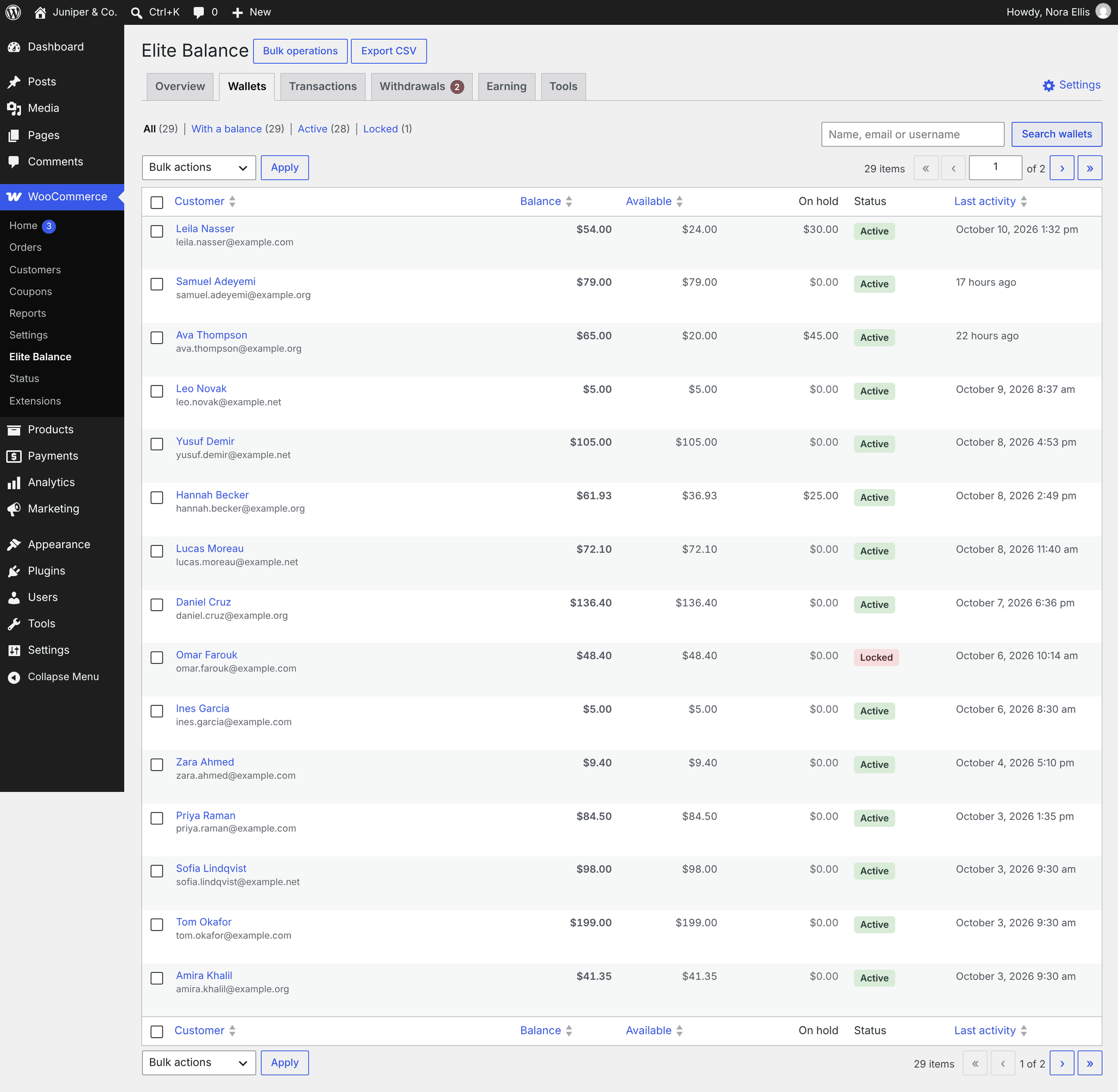 Wallets: every customer with balance, available, on hold, and status