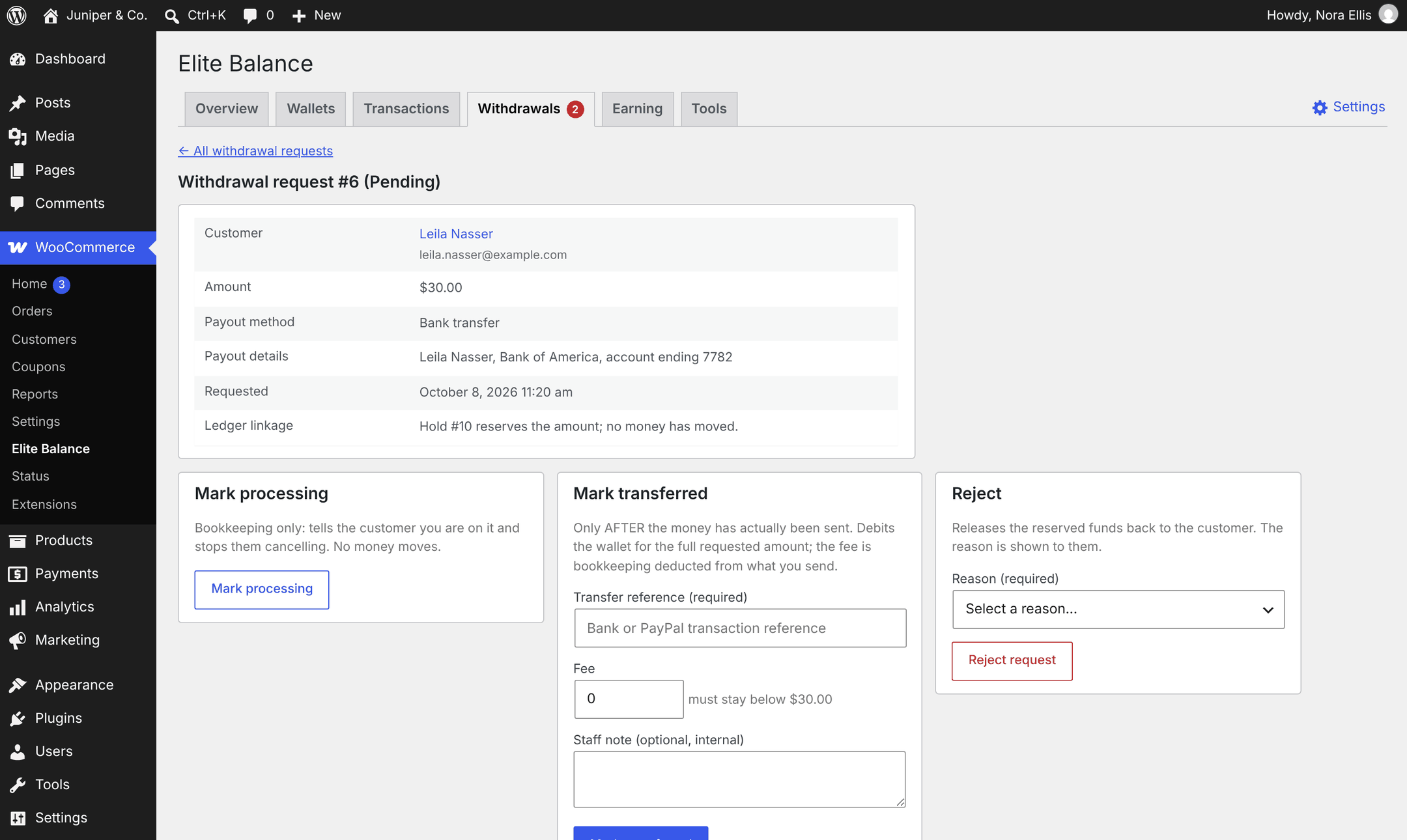 Withdrawal request #6 for $30, pending, with Mark processing, Mark transferred and Reject.