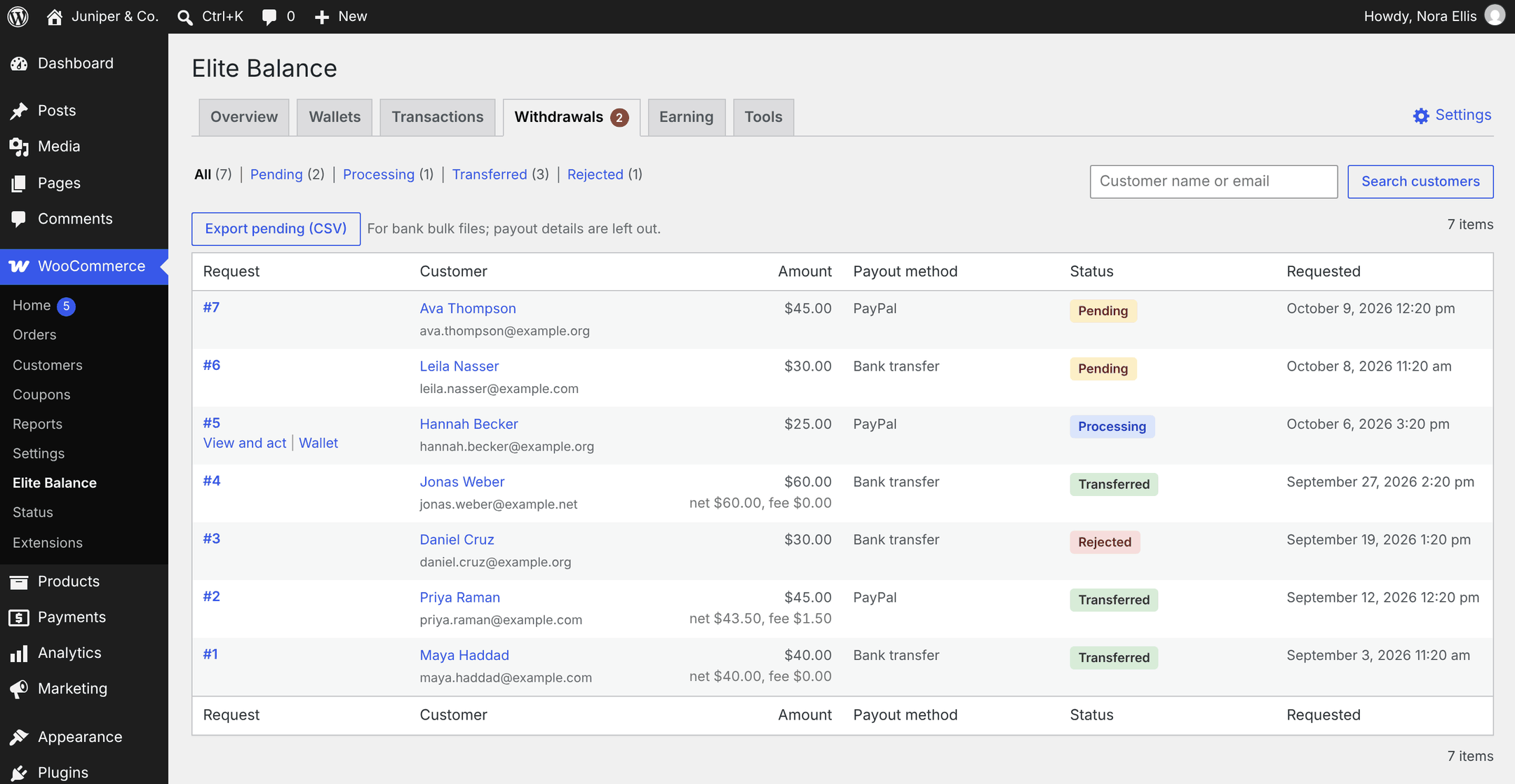 The withdrawals queue: pending, processing, transferred, and rejected requests
